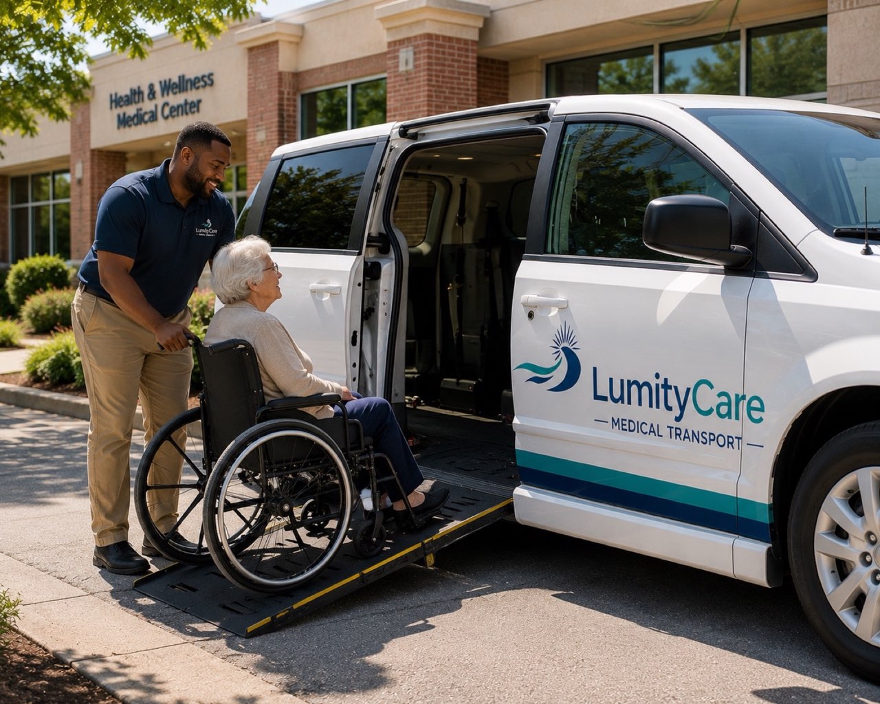 A LumityCare driver assisting a passenger in a wheelchair onto the accessible ramp of a LumityCare van.
