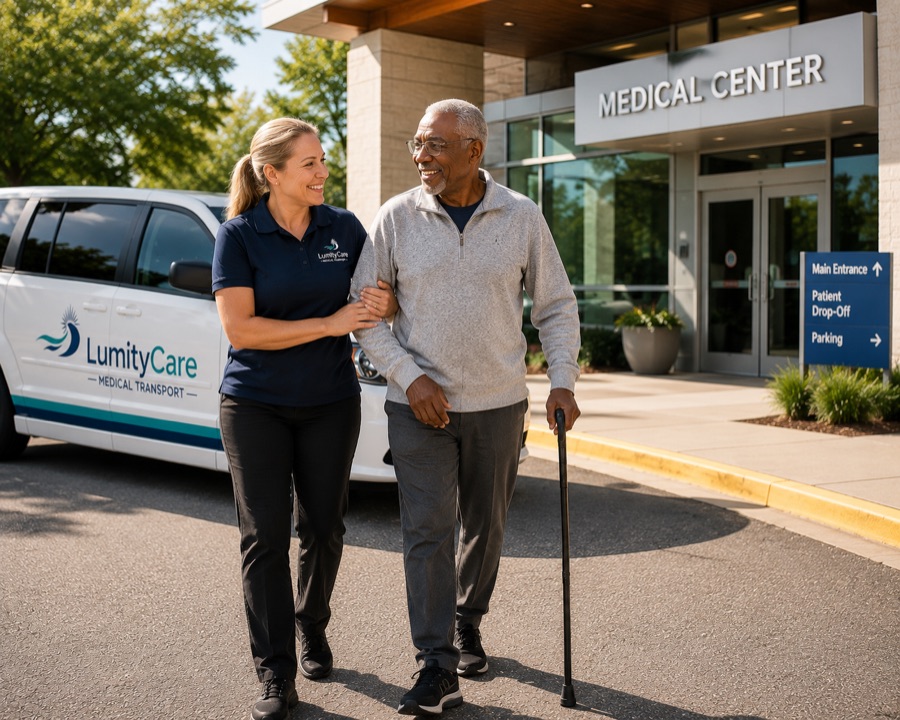 LumityCare driver helping an ambulatory passenger walk into a medical center.