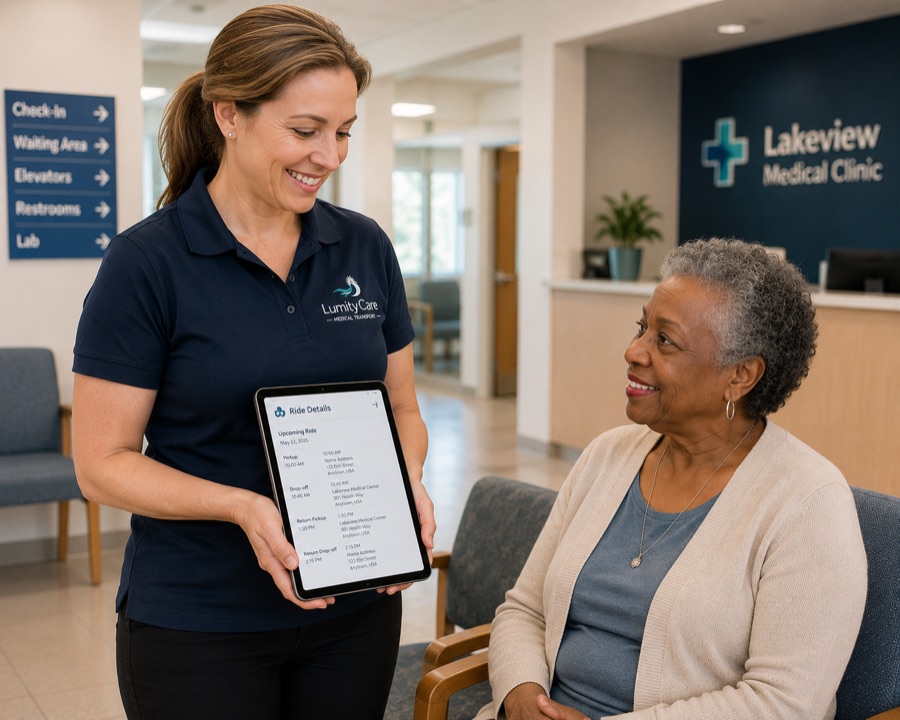 LumityCare driver showing ride details on a tablet to a passenger in a medical clinic lobby.