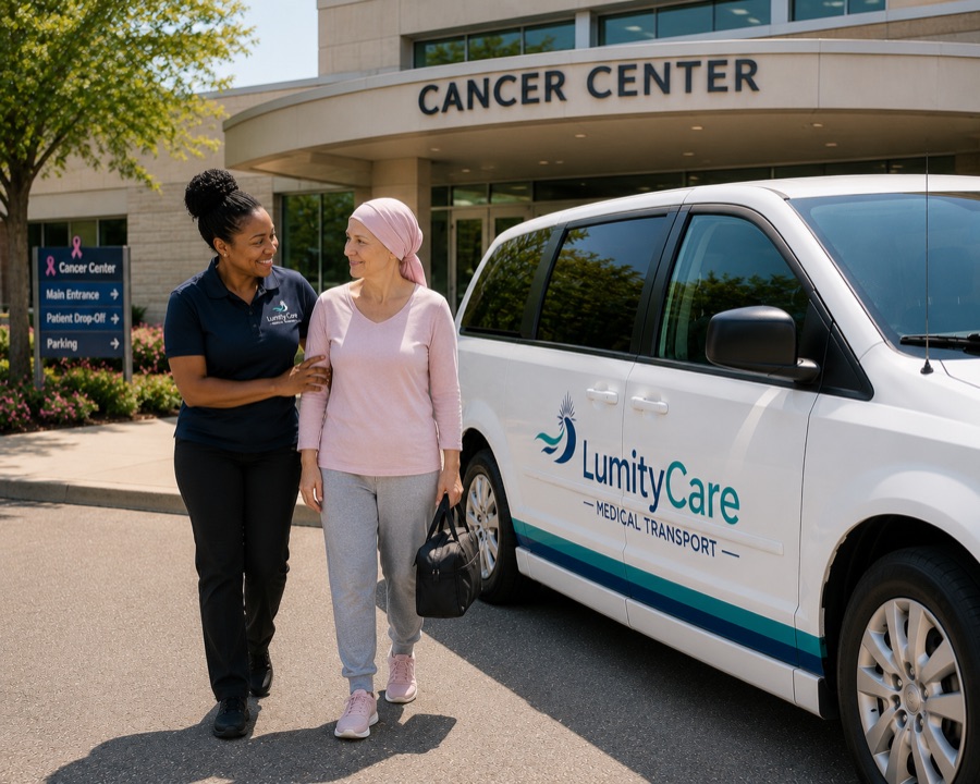 LumityCare driver walking with a patient outside a cancer treatment center next to the LumityCare van.