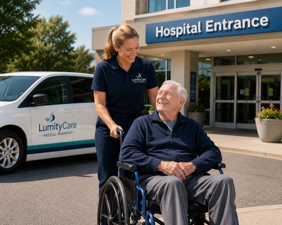 LumityCare driver assisting a wheelchair passenger at a hospital entrance with the LumityCare van in view.