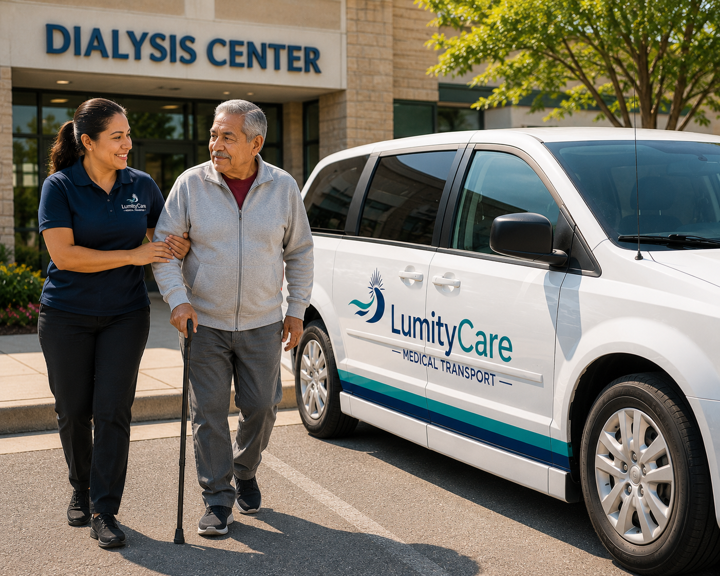 A LumityCare driver walking with an ambulatory passenger outside a dialysis center, next to a branded LumityCare van.
