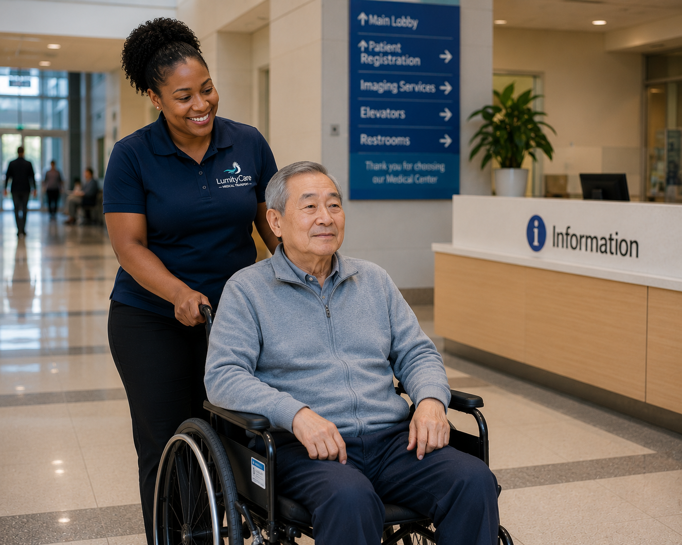 A LumityCare driver wheeling an elderly passenger through a hospital lobby.
