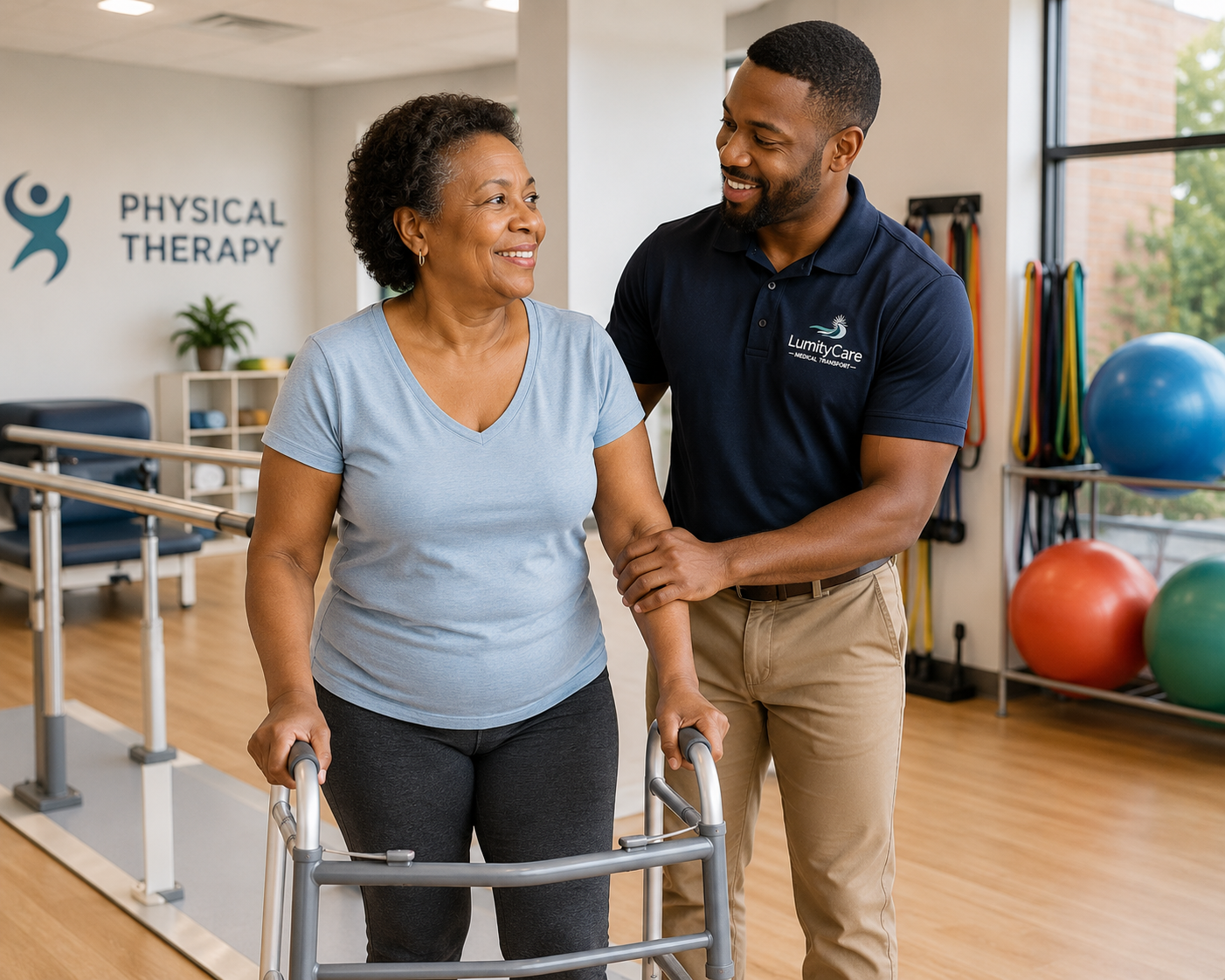 A smiling LumityCare driver helping a patient with a walker at a physical therapy gym.